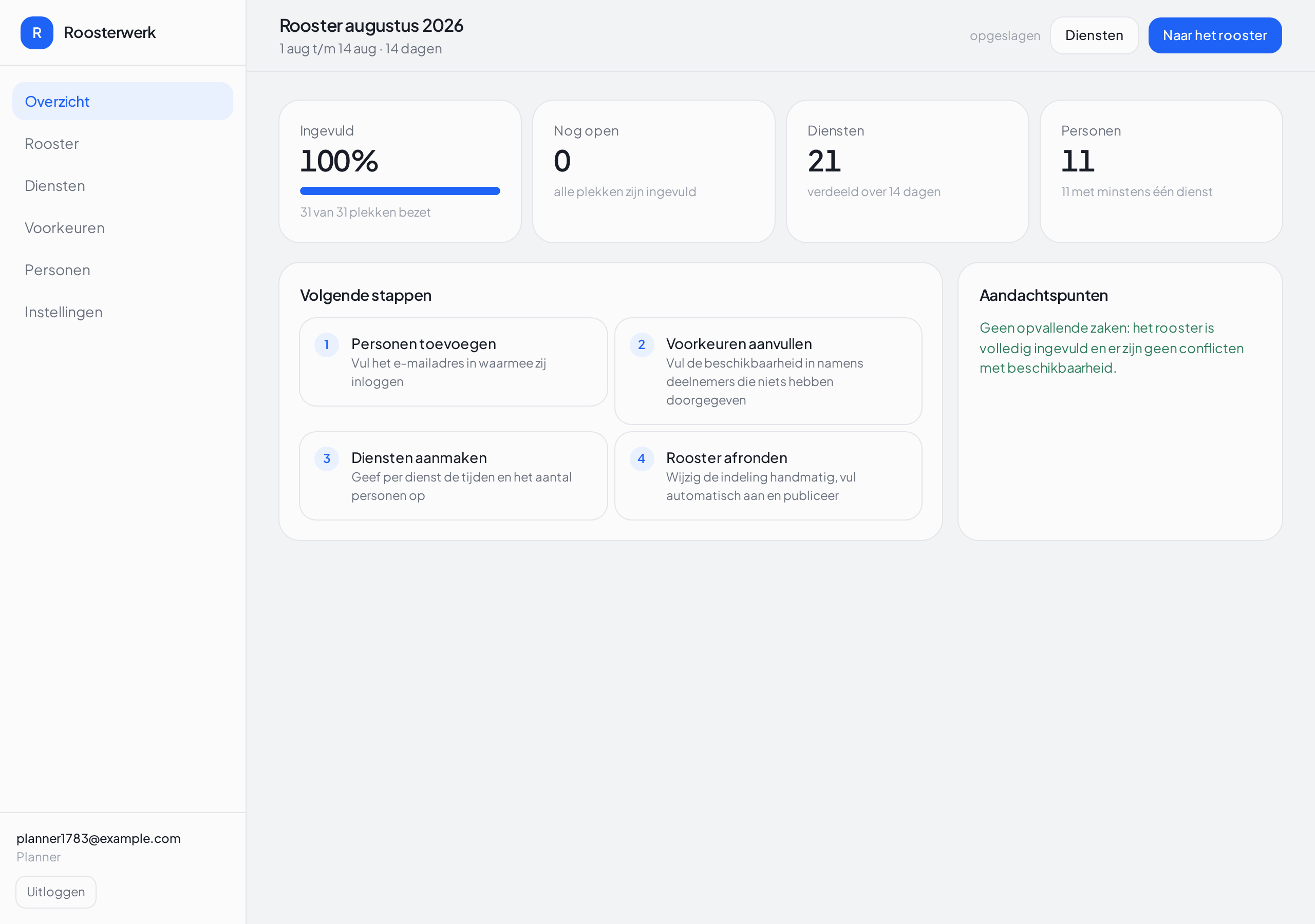 Dashboard van Roosterwerk met voortgang, volgende stappen en aandachtspunten